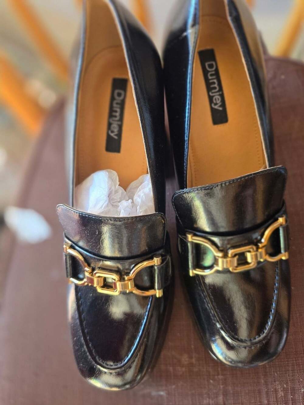 Dumjey Loafer Heels Size 10 Black Patent Gold Chain